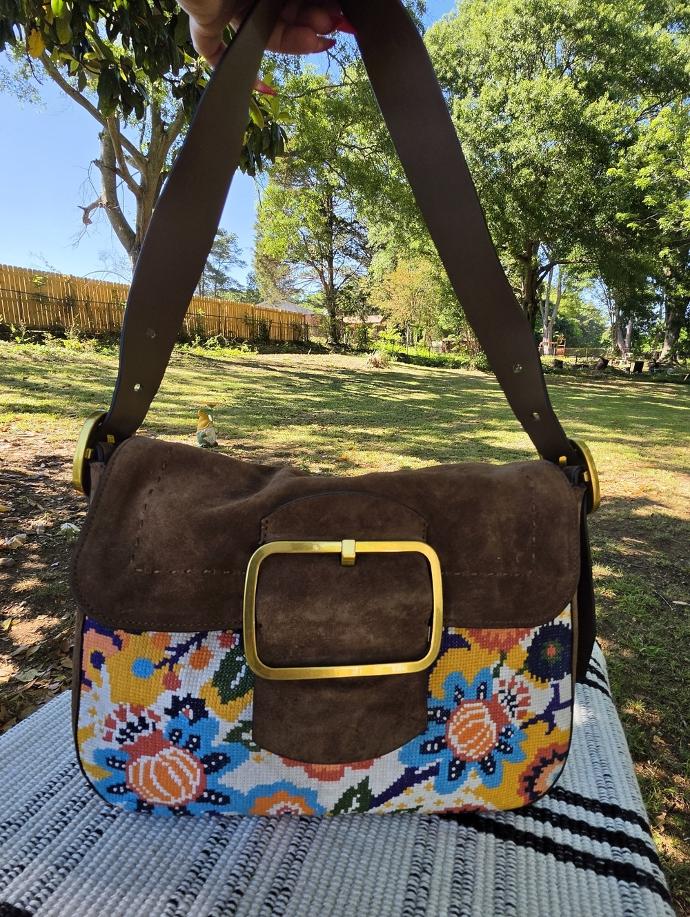 Tory Burch Sawyer Needlepoint Suede Shoulder Bag